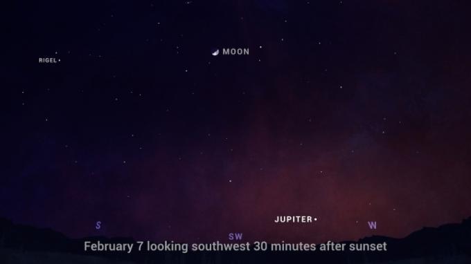 Jupiters naksnīgajās debesīs februārī.