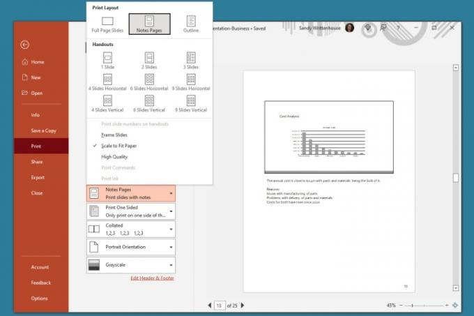 Notas Páginas selecionadas para impressão no PowerPoint.