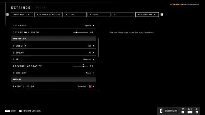Izbornik pristupačnosti u Halo Infinite.