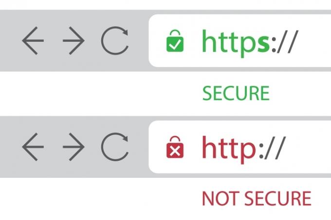 Gráfico mostrando HTTP como não seguro e HTTPS como seguro