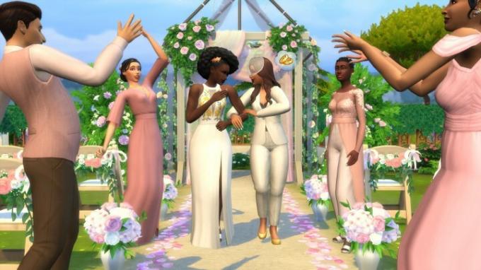 Due Sims percorrono la navata dopo essersi sposati in Le mie storie di matrimonio.