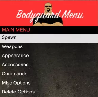 Een menu met bodyguard-opties.