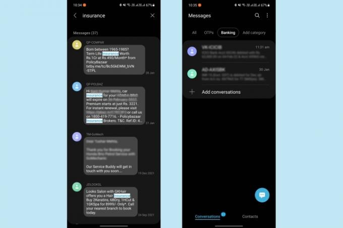 Samsung Messages mit Suchergebnissen und manuell hinzugefügten Bankig-Kategorien vor blauem Hintergrund.