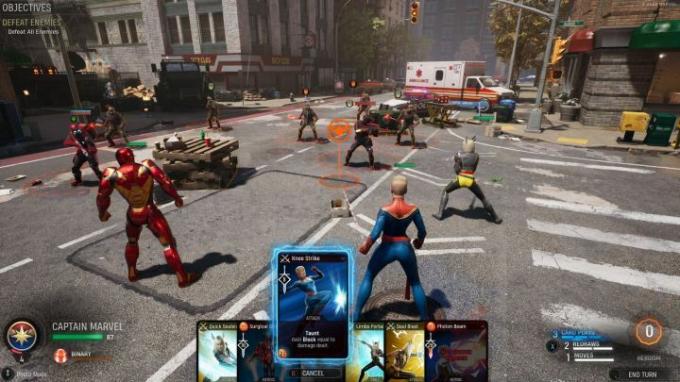 Captain Marvel, Iron Man und Magik kämpfen in New York in Marvels Midnight Suns gegen Hydra. 