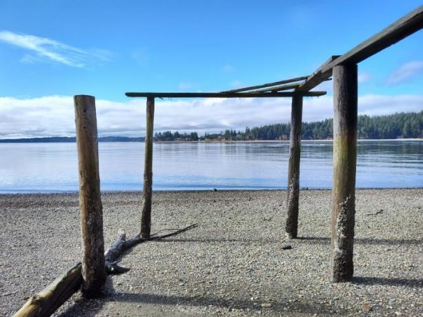 Ostanki starega doka na kamniti plaži pod modrim nebom.