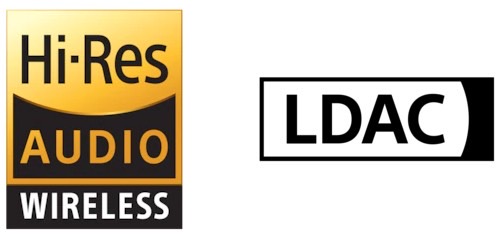 „Sony“ LDAC ir didelės raiškos belaidžio garso logotipai.