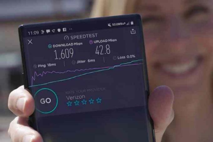 Verizon 5G Ultra Wideband 네트워크에서 속도 테스트 결과가 있는 스마트폰을 들고 있는 여성.