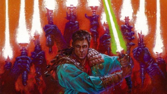 Un Jedi mânuind o sabie laser verde și multe altele în fundalul benzilor desenate Tales of the Jedi.