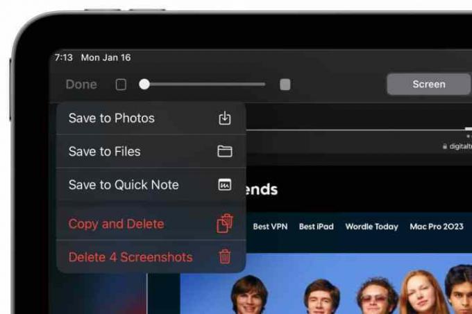 Opções para salvar uma captura de tela em um iPad.