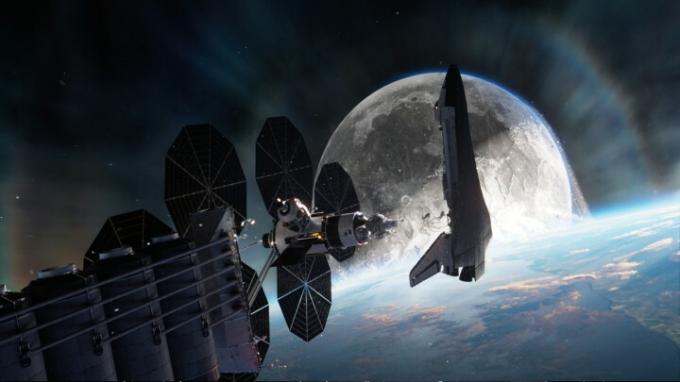 Scenoje iš Mėnulio kritimo erdvėje plūduriuoja erdvėlaivis su mėnuliu fone.
