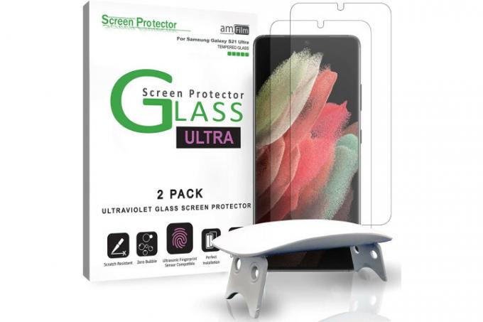 amFilm skærmbeskytter i hærdet glas til Samsung Galaxy S21 Ultra viser den nemme justeringsbakke til installation.