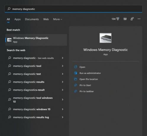 Windows Memory Diagnostic i Windows sökfält.