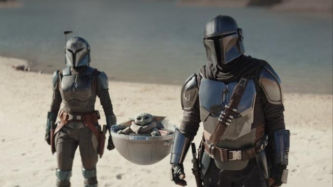 Bo-Katan, Grogu och Din tillsammans i The Mandalorian säsong 3.