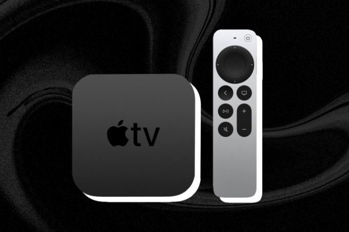 Jauns Apple TV 4K renderētājs ar tālvadības pulti.