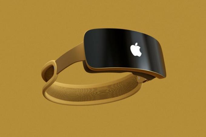 En återgivning av ett Apple mixed-reality-headset (Reality Pro) i en guldfärg sett framifrån.