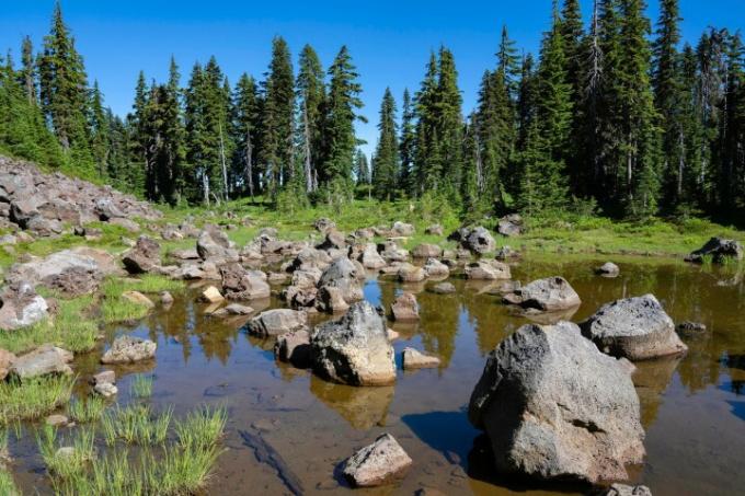 Sebuah tarn alpine yang dipenuhi bebatuan aneh.