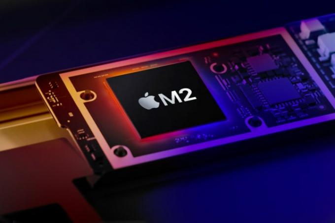 Um chip Apple M2 em um fundo gradiente estilizado.