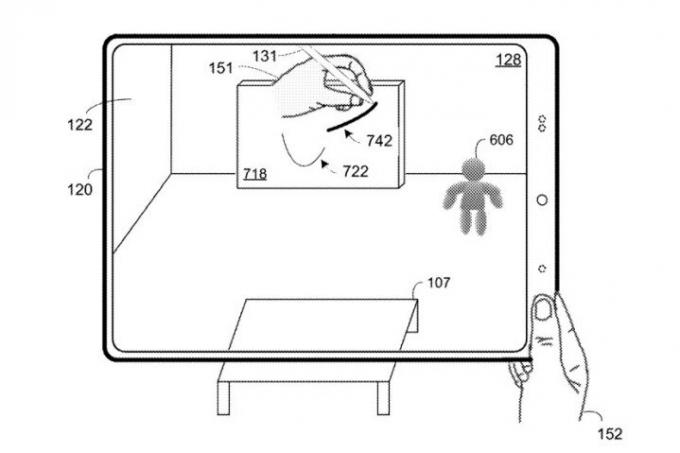 Obrázek z patentu společnosti Apple zobrazující ruku osoby držící tablet. Na obrazovce je ruka uživatele držící Apple Pencil a kreslící čáru na objekt rozšířené reality.