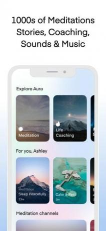 Captura de tela do aplicativo Aura mostrando imagens de diferentes meditações, com texto dizendo milhares de meditações, histórias, treinamento, sons e músicas