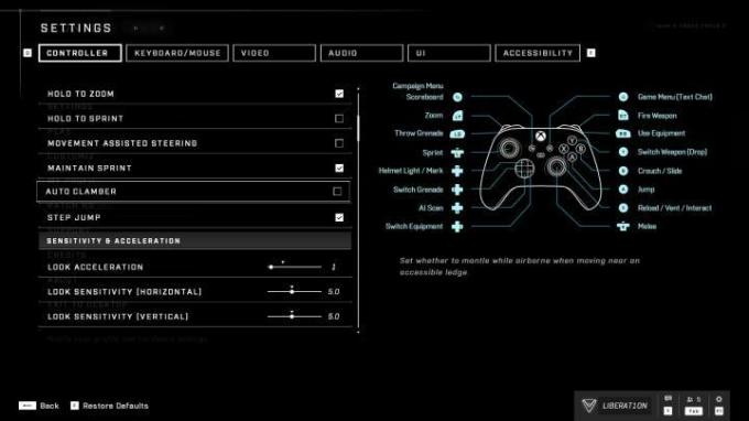 Alternativ för automatisk klättring i Halo Infinites inställningsmeny.