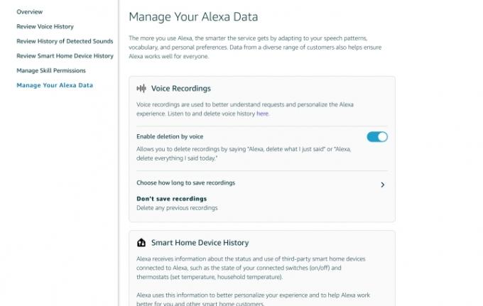 Impostazioni sulla privacy di Alexa.