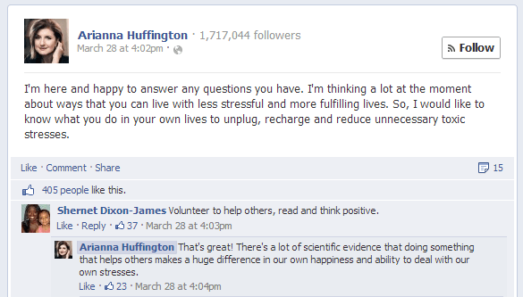 arianna huffington facebook vraag en antwoord