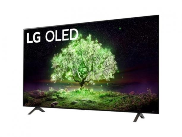 LG OLED 65-tums TV på vit bakgrund.