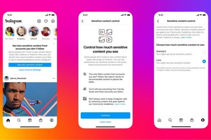 Tre mobilskjermbilder som viser Instagrams innstillinger for Sensitive Content Control.