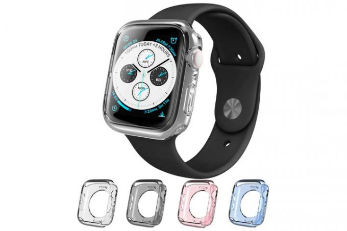 Zdjęcie przedstawia zegarek Apple Watch w etui i-Blason w czterech różnych kombinacjach kolorystycznych