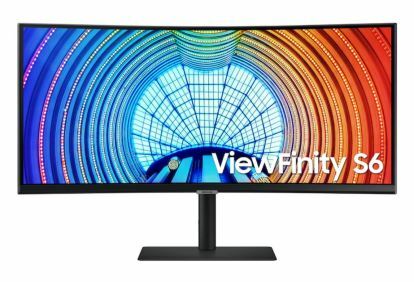 Monitor gaming Samsung ultra lebar menampilkan pola pelangi,