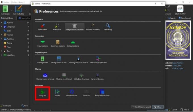 Finne plugin-menyen i Calibre.