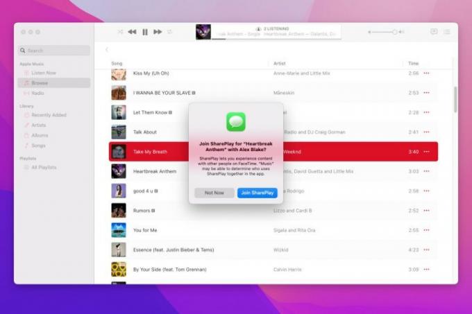 Ένα παράθυρο που ρωτά εάν ένας χρήστης θα ήθελε να συμμετάσχει σε μια περίοδο λειτουργίας SharePlay σε Mac με MacOS Monterey.