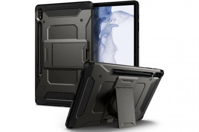 Spigen Tough Armor Pro Cover til Samsung Galaxy Tab S8 Plus i Gunmetal, der viser coveret fra forskellige vinkler.