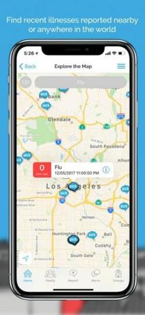 Schermafbeelding van de Sickweather-app met een kaart met locaties van recent gerapporteerde ziekten