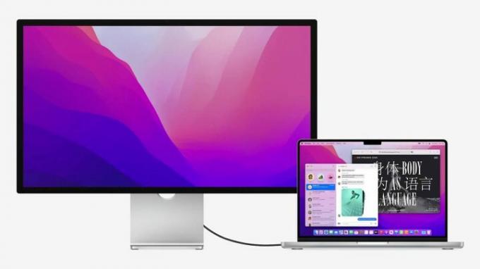 MacBook Pro ansluten till Apple Studio Display.