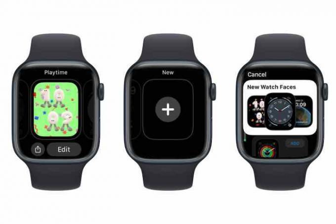 Három Apple Watch új óralap hozzáadásának lépéseit mutatja be.