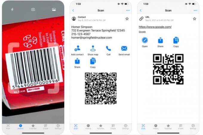 Считыватель QR-кода + QR-сканер, показывающий QR-коды, контактную информацию и URL-адреса.