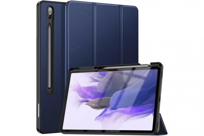 Ztotop Ultra Slim Case i Navy på Samsung Galaxy Tab S8 Plus, der viser forsiden og bagsiden af ​​etuiet samt det foldet ud til et stativ.