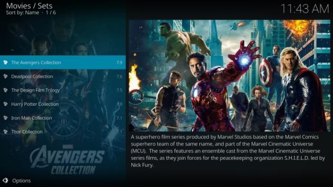 Interfejs Kodi z obrazem Avengers.