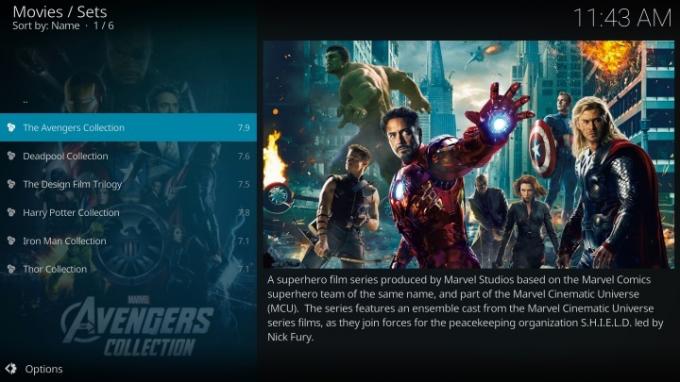 Kodi-grensesnittet med The Avengers-bilde på.