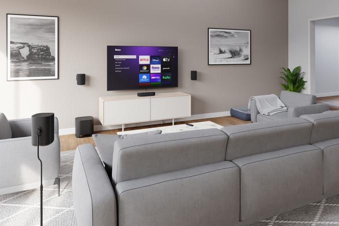 Die Roku Streambar, die kabellosen Roku-Lautsprecher und der kabellose Roku-Subwoofer.