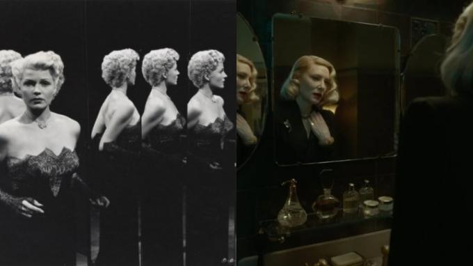 Rozdělený obraz Rity Hayworthové ve hře Dáma ze Šanghaje a Cate Blanchett v Uličce nočních můr.
