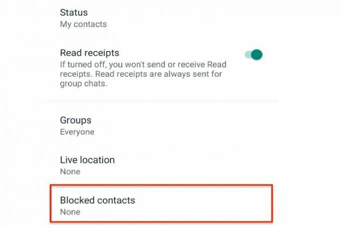 Možnost blokiranih stikov v WhatsApp Android.