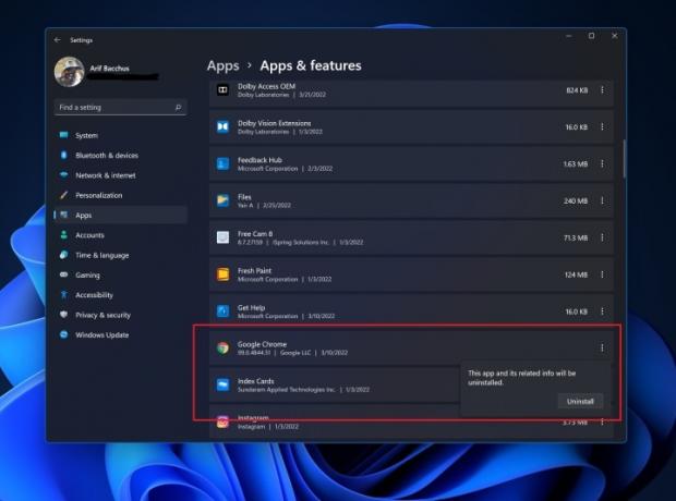 Eliminar Google Chrome de la aplicación de configuración de Windows 11.