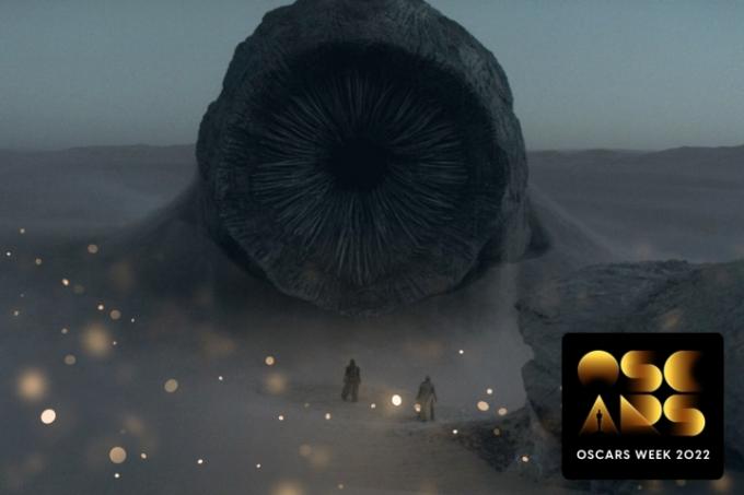 Een 'Oscars Week'-badge bovenop een still van Paul en een zandworm in 'Dune'.
