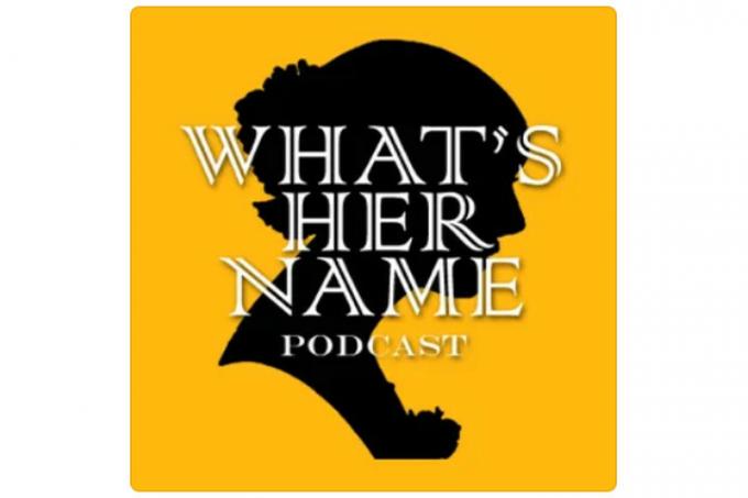 Mi a neve? Podcast egy női fej és váll fekete sziluettjét mustárszínű háttérrel.