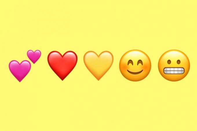 Emoji Snapchata, w tym dwa różowe serca, czerwone serce, złote serce, uśmiechnięta twarz i grymas.