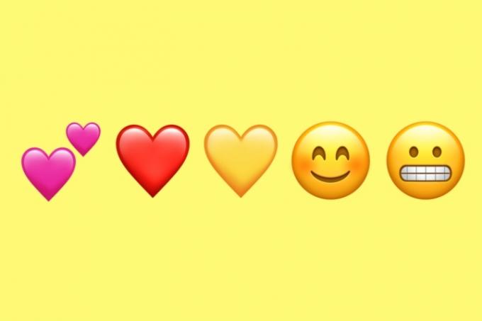 Snapchat-emojis, inklusive två rosa hjärtan, ett rött hjärta, ett guldhjärta, ett leende ansikte och ett grimasansikte.