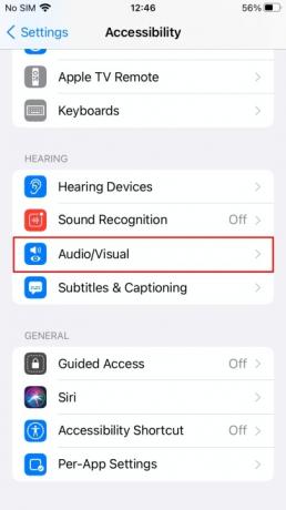 Das iOS 15-Barrierefreiheitsmenü. Audiovisuell wird rot hervorgehoben.