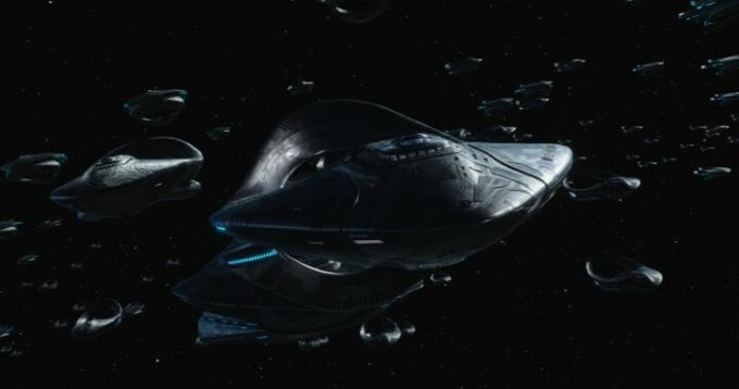 K Orville se připojuje flotila vesmírných lodí ve scéně ze 3. sezóny.